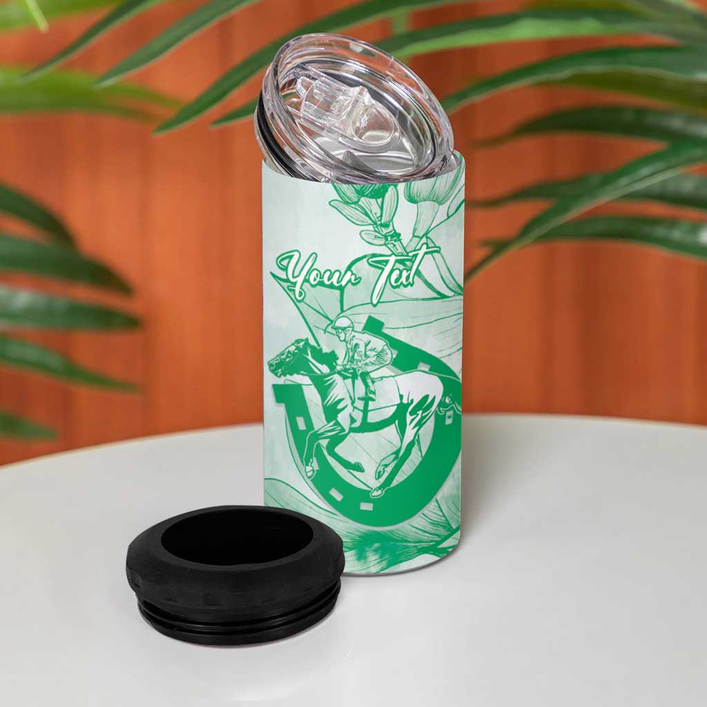 Personalized Louisiana Horse Racing Derby 4 in 1 Can Cooler Tumbler Magnolia Blossom Horseshoe Pastel Green