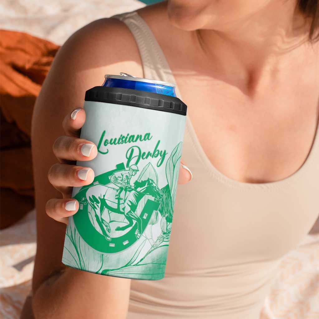 Personalized Louisiana Horse Racing Derby 4 in 1 Can Cooler Tumbler Magnolia Blossom Horseshoe Pastel Green