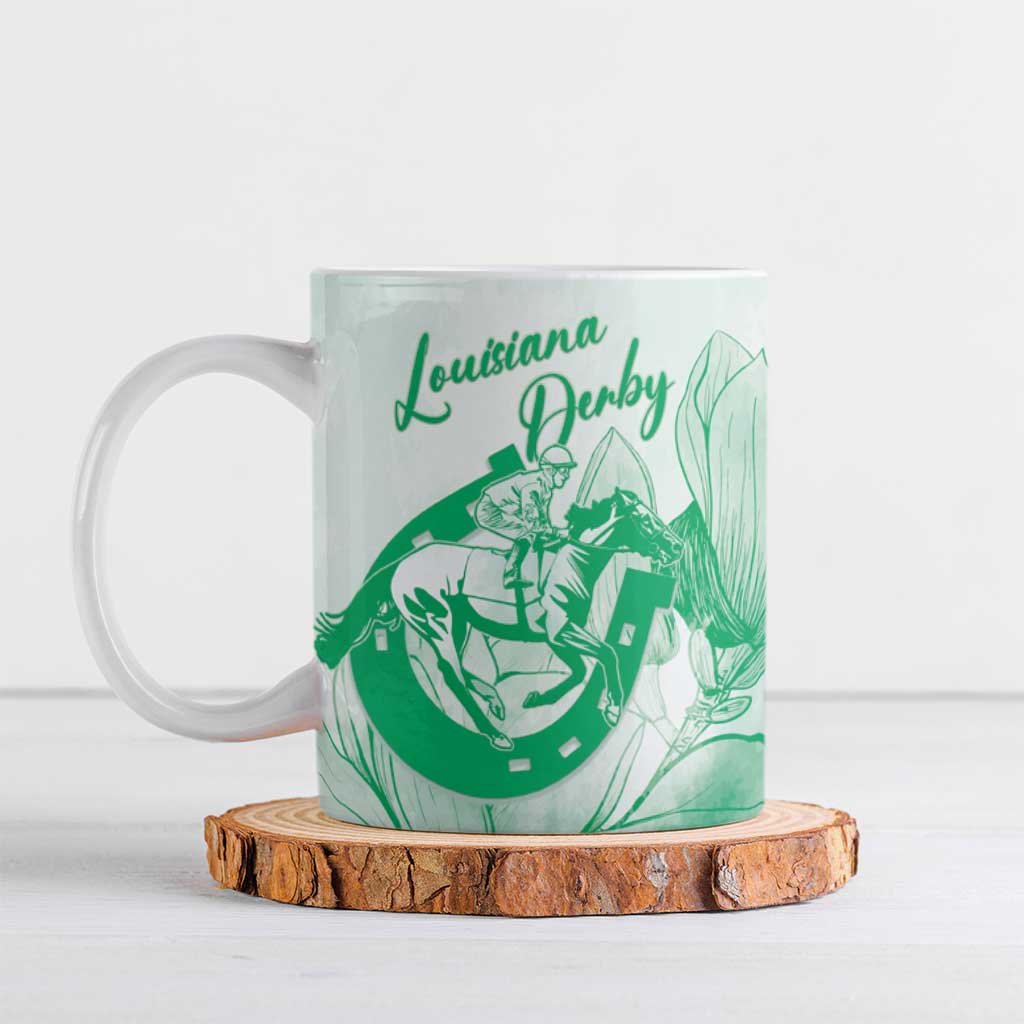 Personalized Louisiana Horse Racing Derby Ceramic Mug Magnolia Blossom Horseshoe Pastel Green