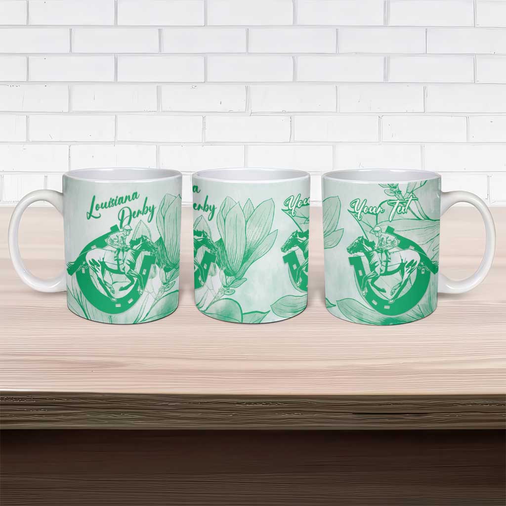 Personalized Louisiana Horse Racing Derby Ceramic Mug Magnolia Blossom Horseshoe Pastel Green