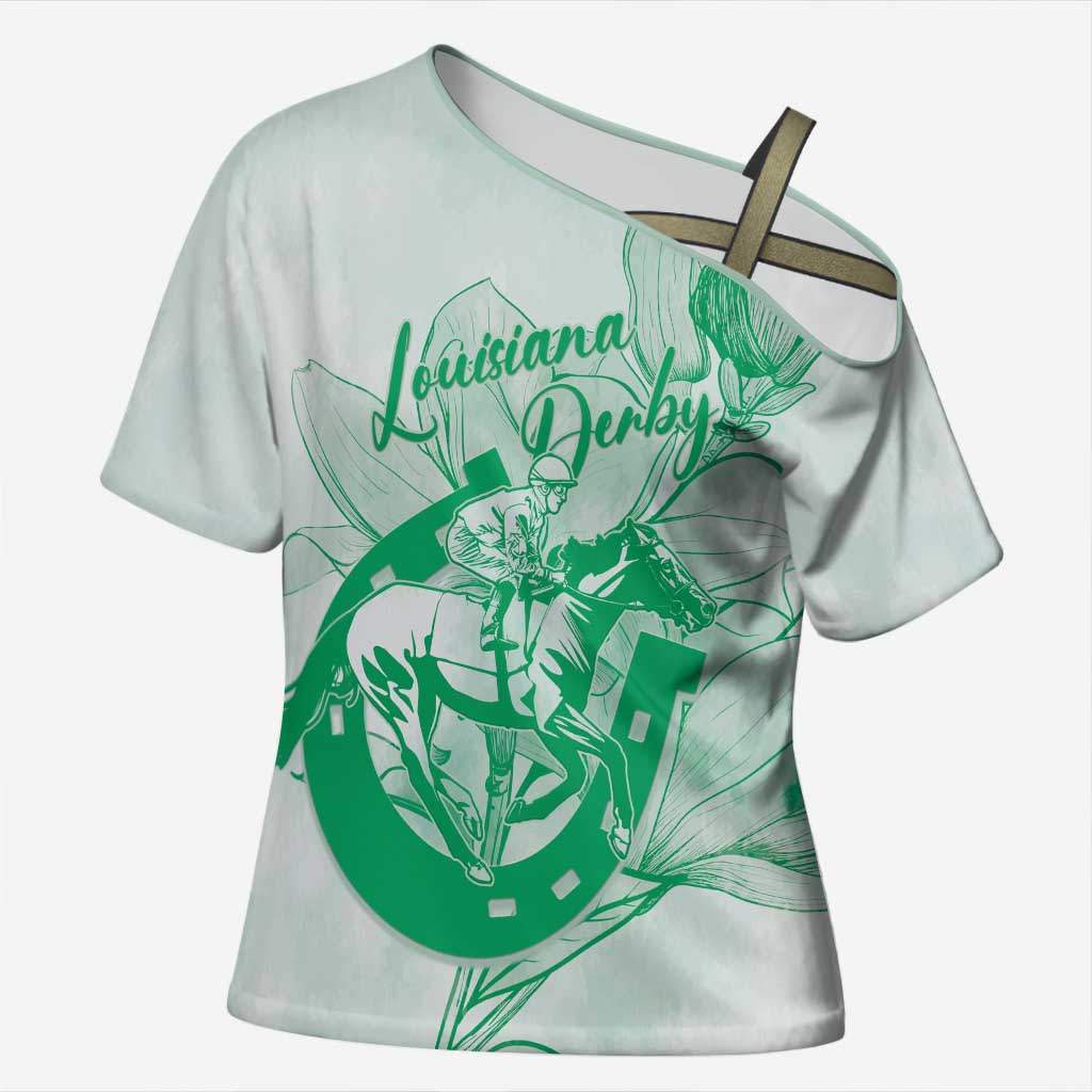 Personalized Louisiana Horse Racing Derby Cross Shoulder Shirt Magnolia Blossom Horseshoe Pastel Green