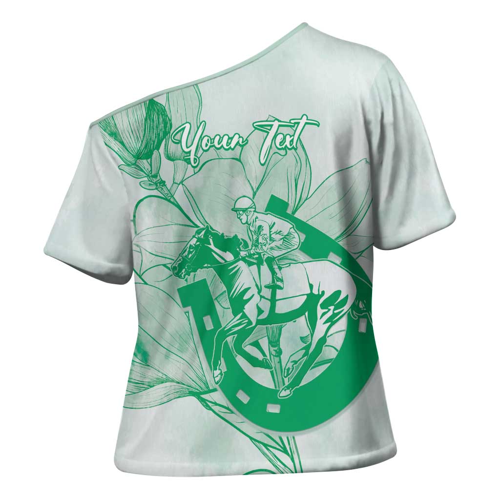 Personalized Louisiana Horse Racing Derby Cross Shoulder Shirt Magnolia Blossom Horseshoe Pastel Green