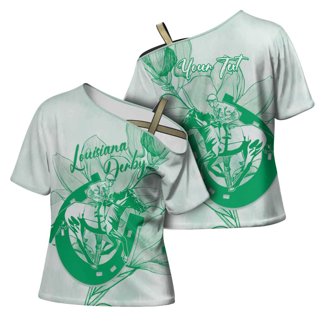 Personalized Louisiana Horse Racing Derby Cross Shoulder Shirt Magnolia Blossom Horseshoe Pastel Green
