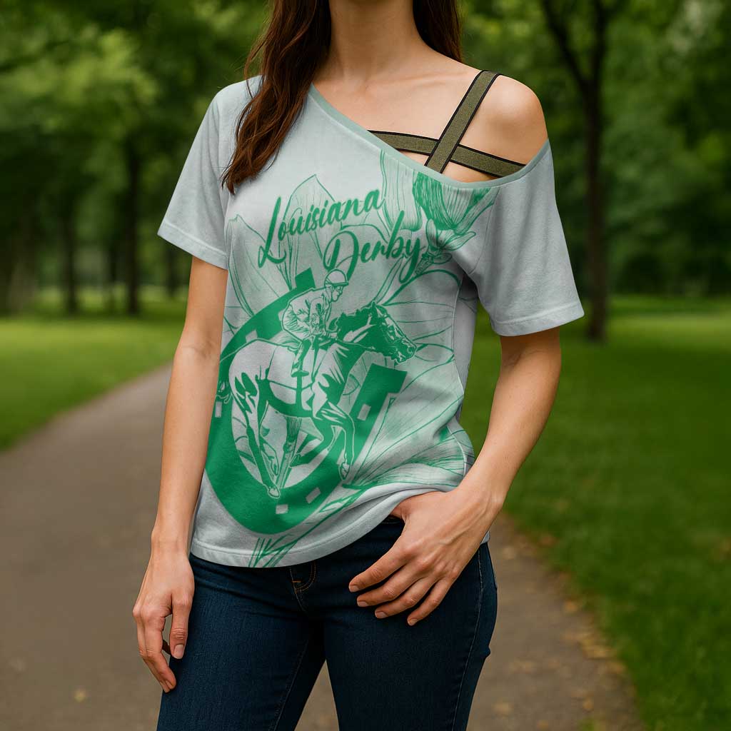 Personalized Louisiana Horse Racing Derby Cross Shoulder Shirt Magnolia Blossom Horseshoe Pastel Green