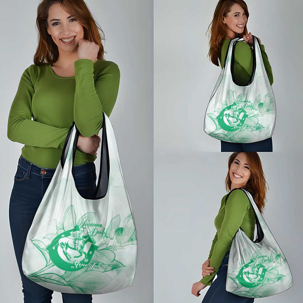 Personalized Louisiana Horse Racing Derby Grocery Bag Magnolia Blossom Horseshoe Pastel Green