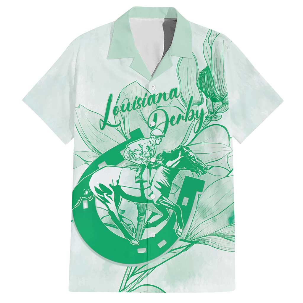 Personalized Louisiana Horse Racing Derby Hawaiian Shirt Magnolia Blossom Horseshoe Pastel Green