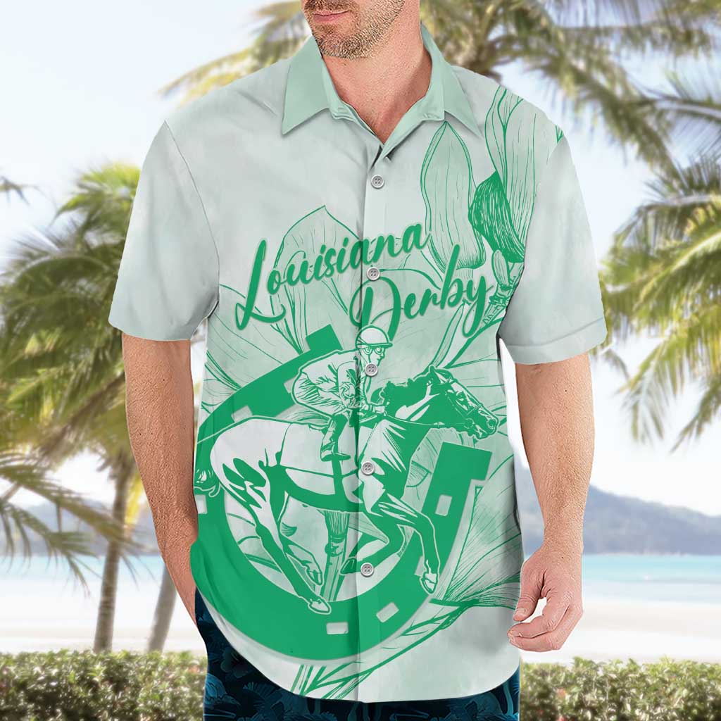 Personalized Louisiana Horse Racing Derby Hawaiian Shirt Magnolia Blossom Horseshoe Pastel Green