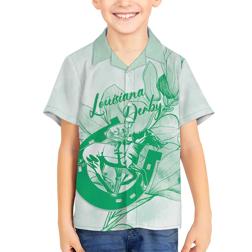 Personalized Louisiana Horse Racing Derby Hawaiian Shirt Magnolia Blossom Horseshoe Pastel Green