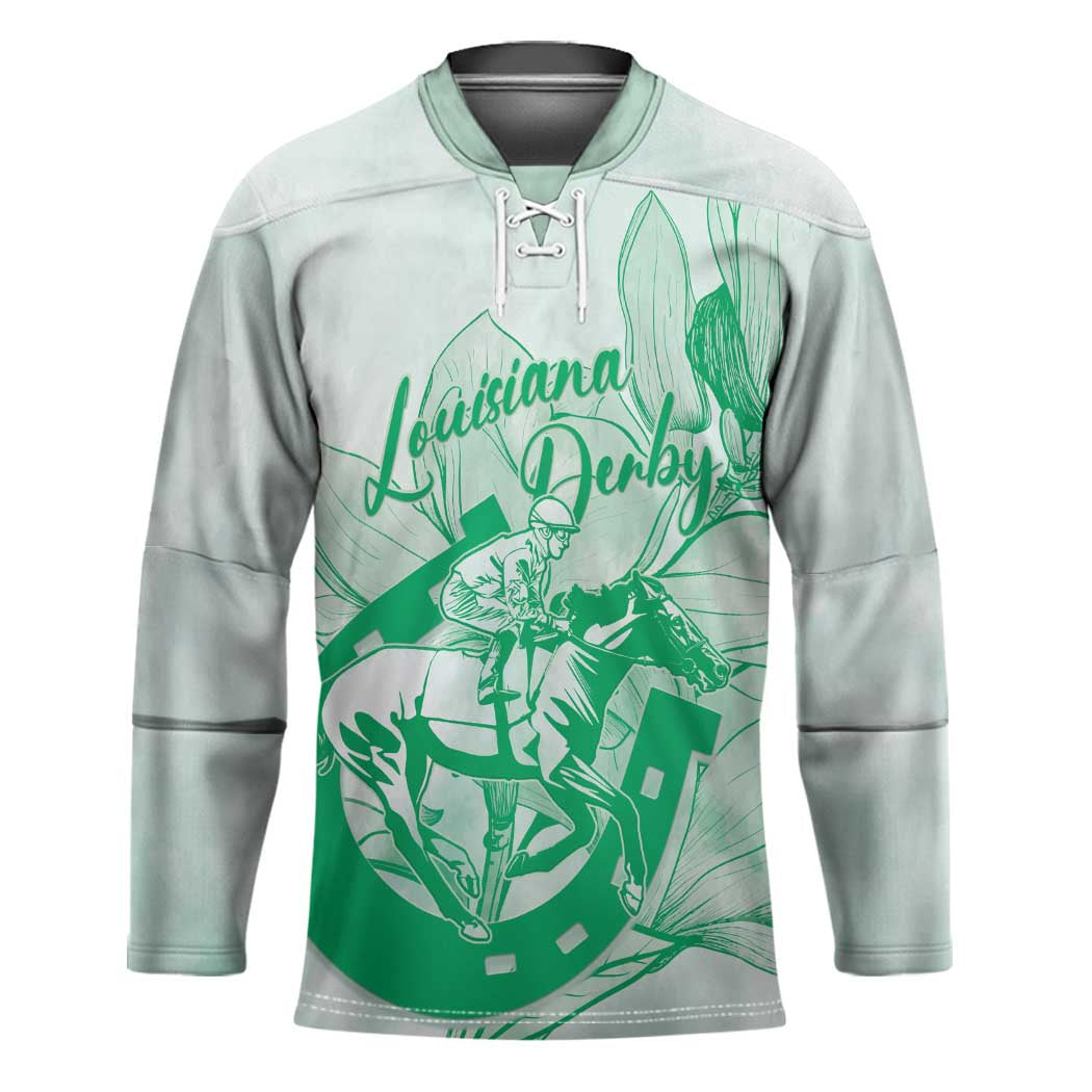 Personalized Louisiana Horse Racing Derby Hockey Jersey Magnolia Blossom Horseshoe Pastel Green