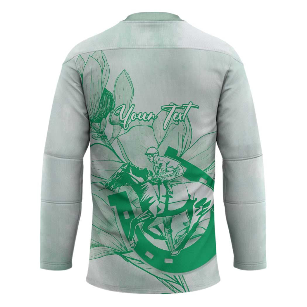 Personalized Louisiana Horse Racing Derby Hockey Jersey Magnolia Blossom Horseshoe Pastel Green
