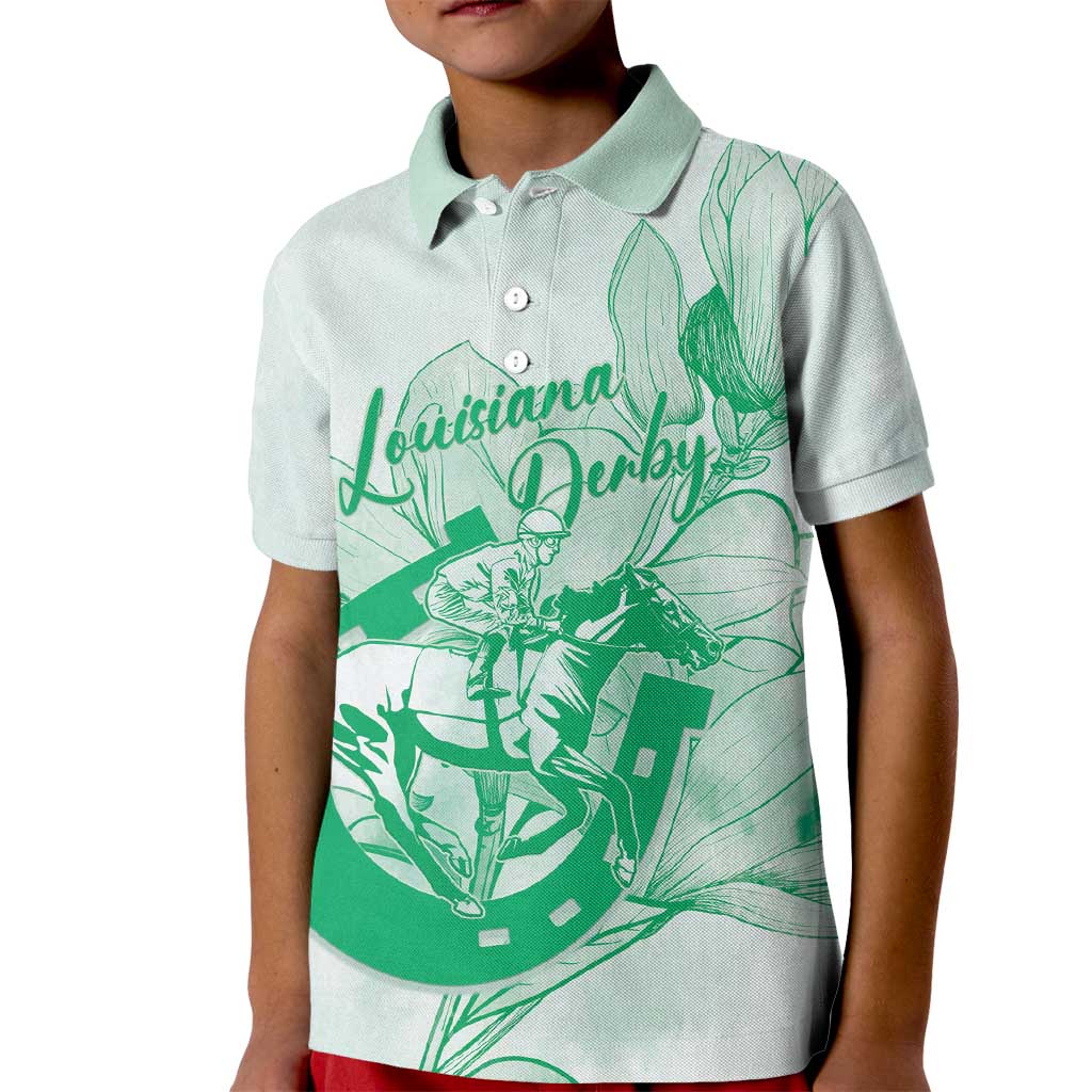 Personalized Louisiana Horse Racing Derby Kid Polo Shirt Magnolia Blossom Horseshoe Pastel Green