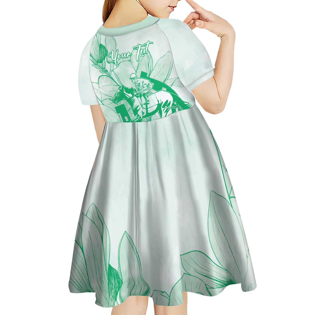 Personalized Louisiana Horse Racing Derby Kid Short Sleeve Dress Magnolia Blossom Horseshoe Pastel Green