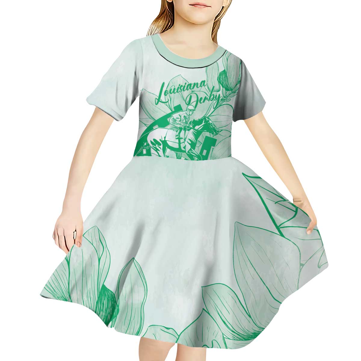 Personalized Louisiana Horse Racing Derby Kid Short Sleeve Dress Magnolia Blossom Horseshoe Pastel Green