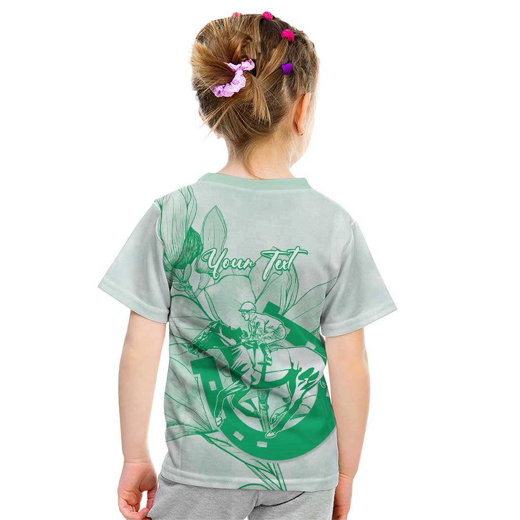Personalized Louisiana Horse Racing Derby Kid T Shirt Magnolia Blossom Horseshoe Pastel Green