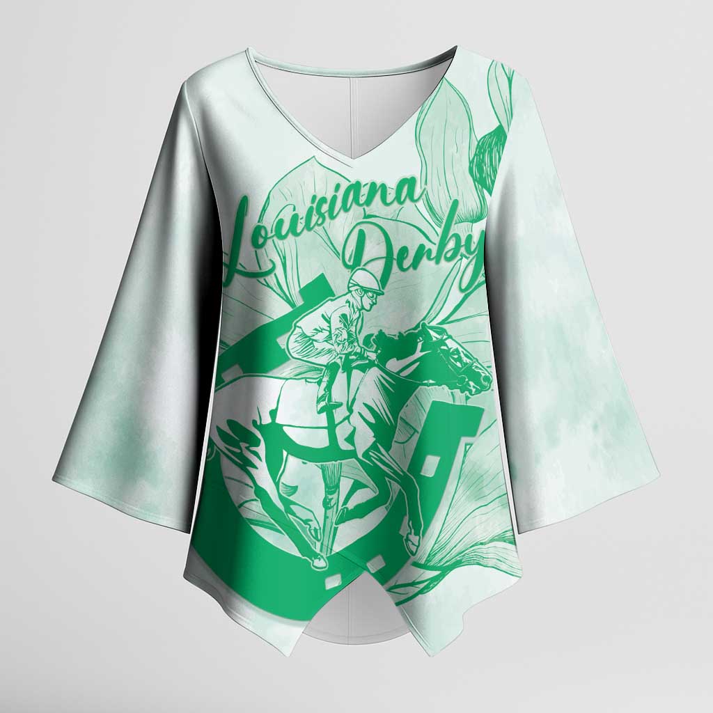 Personalized Louisiana Horse Racing Derby Kimono Sleeve Blouse Magnolia Blossom Horseshoe Pastel Green
