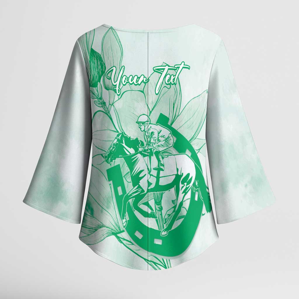Personalized Louisiana Horse Racing Derby Kimono Sleeve Blouse Magnolia Blossom Horseshoe Pastel Green
