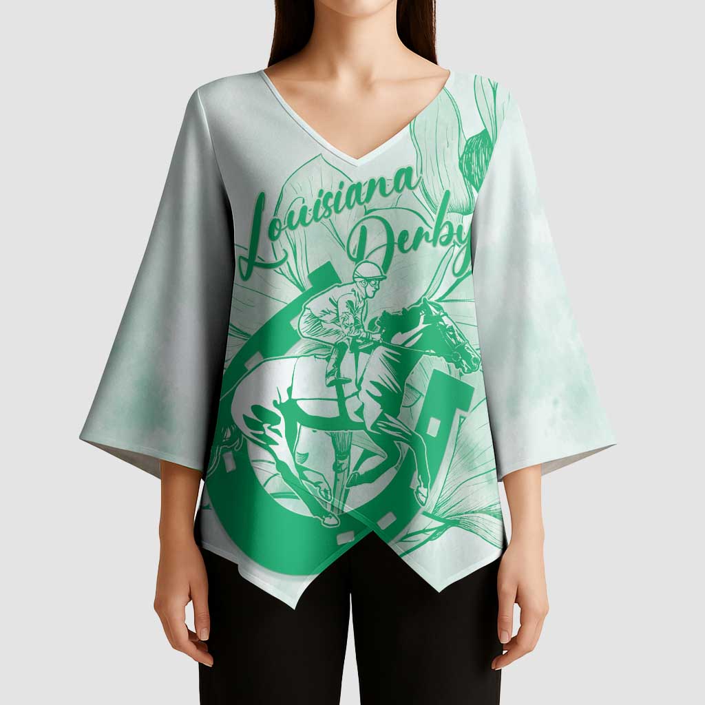 Personalized Louisiana Horse Racing Derby Kimono Sleeve Blouse Magnolia Blossom Horseshoe Pastel Green