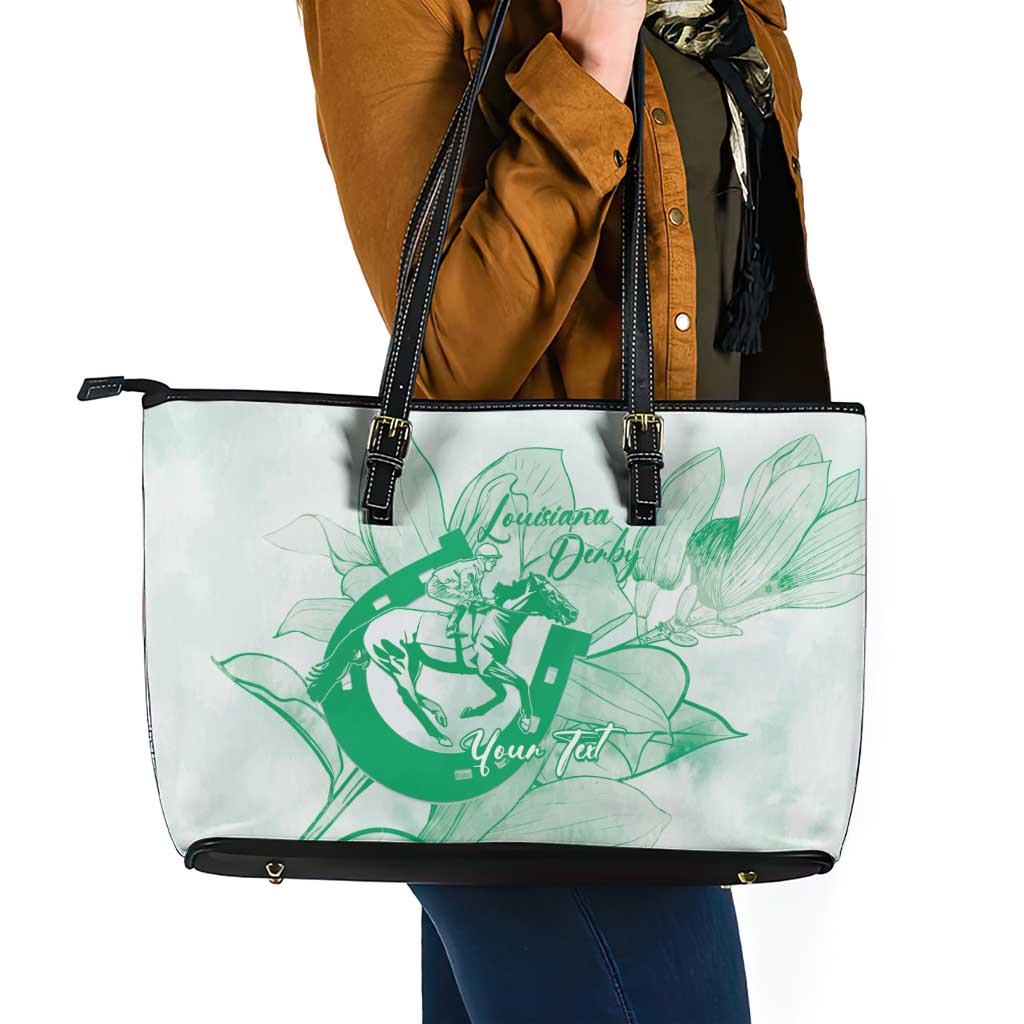 Personalized Louisiana Horse Racing Derby Leather Tote Bag Magnolia Blossom Horseshoe Pastel Green
