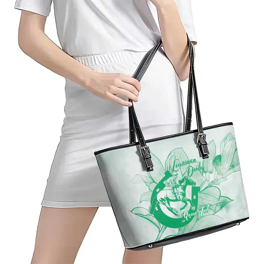 Personalized Louisiana Horse Racing Derby Leather Tote Bag Magnolia Blossom Horseshoe Pastel Green