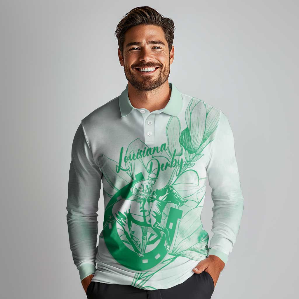 Personalized Louisiana Horse Racing Derby Long Sleeve Polo Shirt Magnolia Blossom Horseshoe Pastel Green