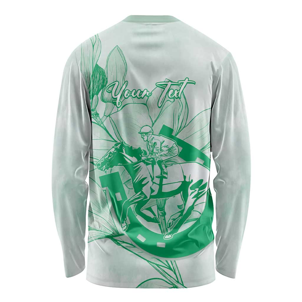Personalized Louisiana Horse Racing Derby Long Sleeve Shirt Magnolia Blossom Horseshoe Pastel Green