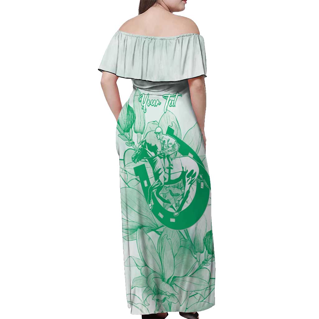 Personalized Louisiana Horse Racing Derby Off Shoulder Maxi Dress Magnolia Blossom Horseshoe Pastel Green