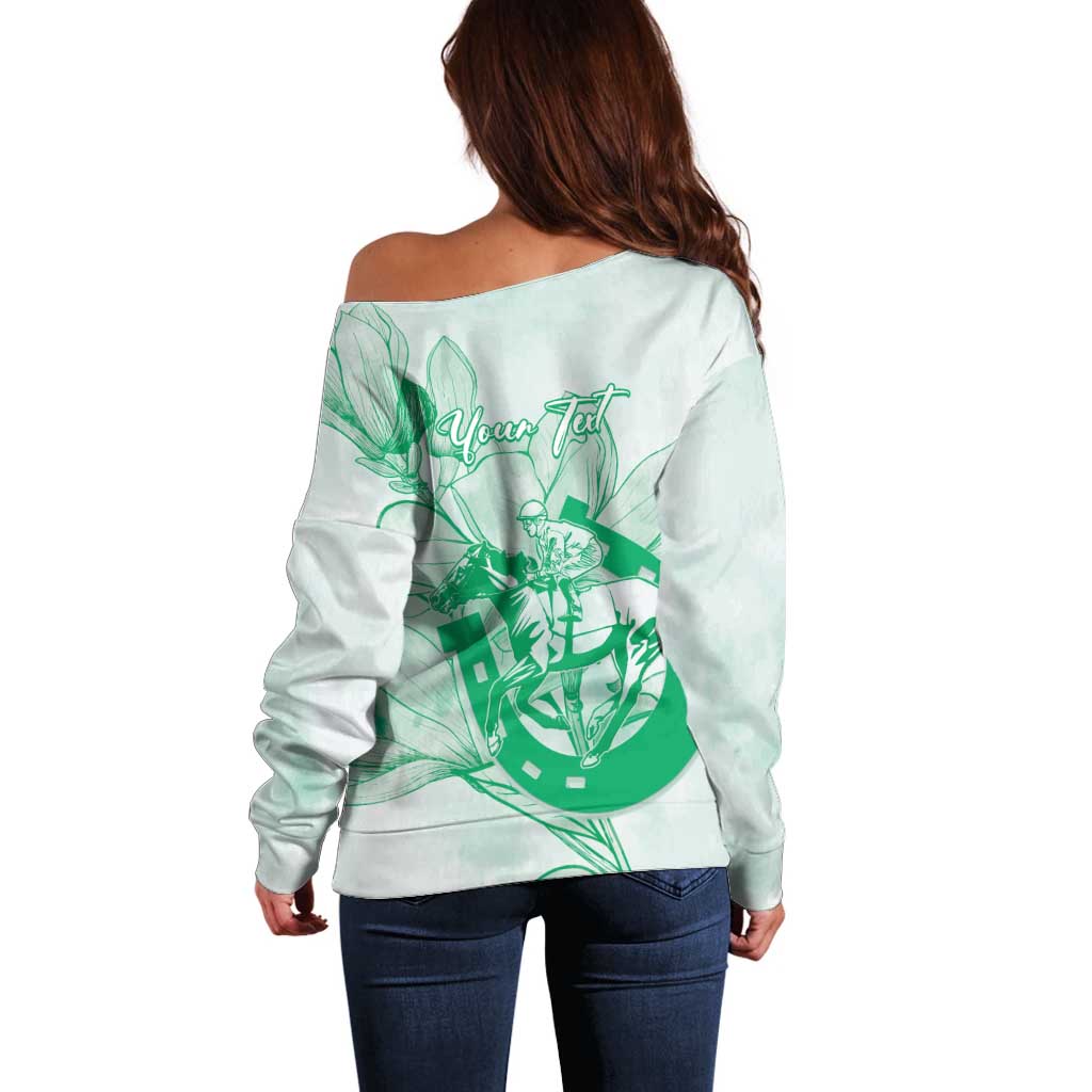 Personalized Louisiana Horse Racing Derby Off Shoulder Sweater Magnolia Blossom Horseshoe Pastel Green