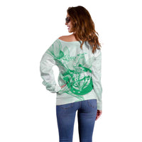 Personalized Louisiana Horse Racing Derby Off Shoulder Sweater Magnolia Blossom Horseshoe Pastel Green