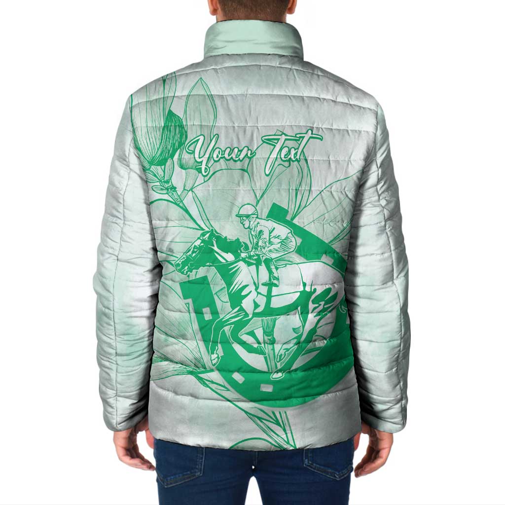 Personalized Louisiana Horse Racing Derby Padded Jacket Magnolia Blossom Horseshoe Pastel Green