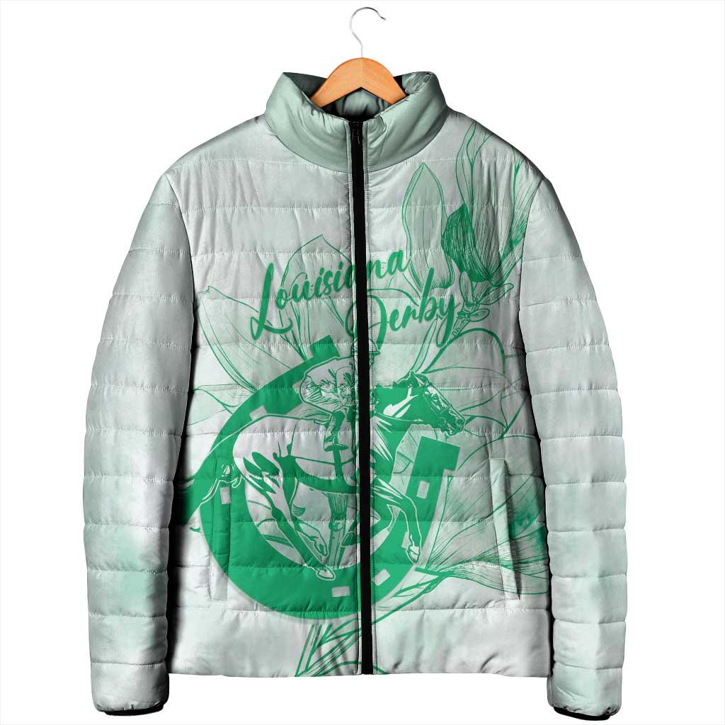 Personalized Louisiana Horse Racing Derby Padded Jacket Magnolia Blossom Horseshoe Pastel Green