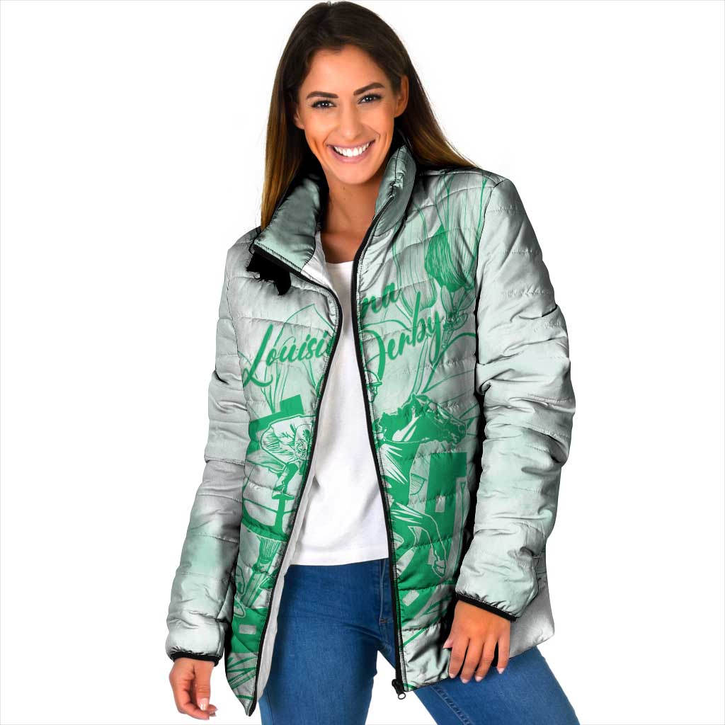 Personalized Louisiana Horse Racing Derby Padded Jacket Magnolia Blossom Horseshoe Pastel Green