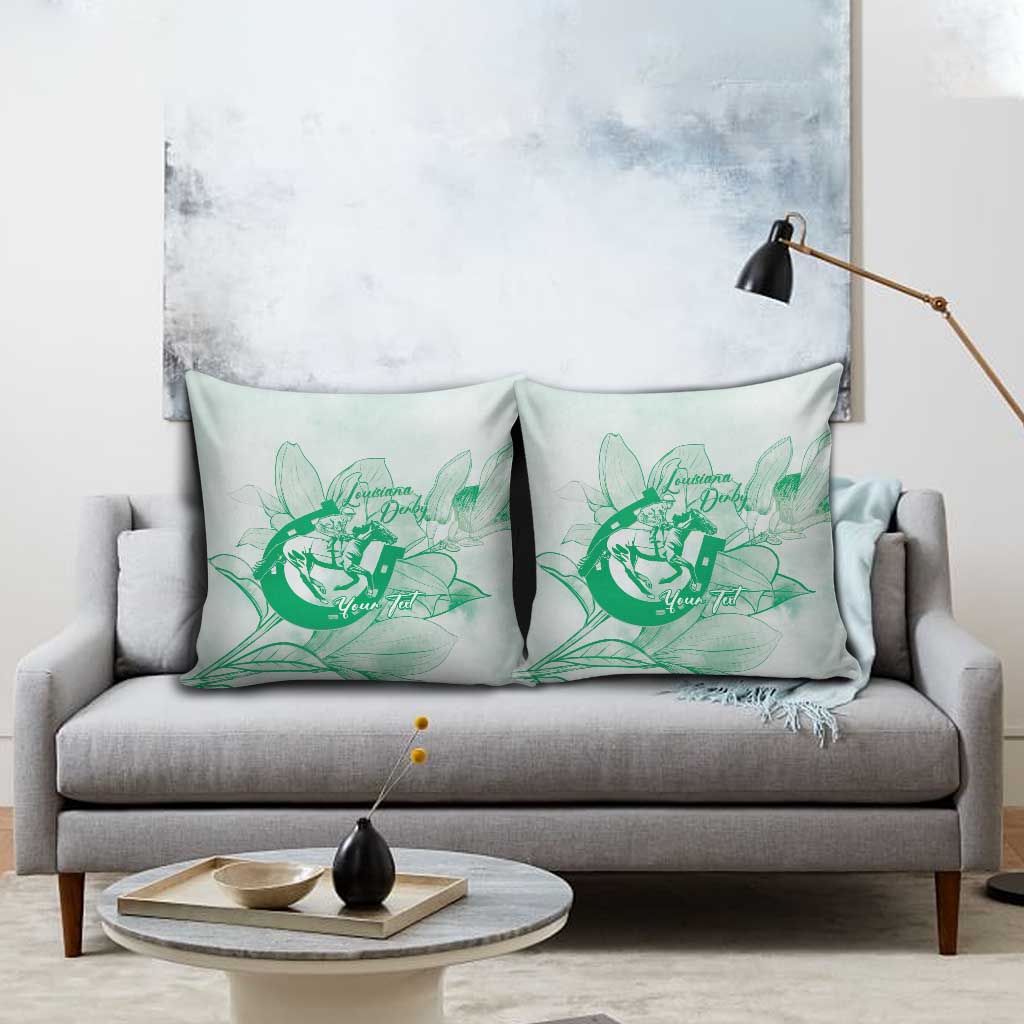 Personalized Louisiana Horse Racing Derby Pillow Cover Magnolia Blossom Horseshoe Pastel Green