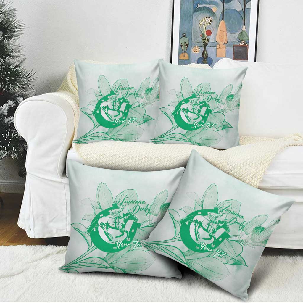 Personalized Louisiana Horse Racing Derby Pillow Cover Magnolia Blossom Horseshoe Pastel Green