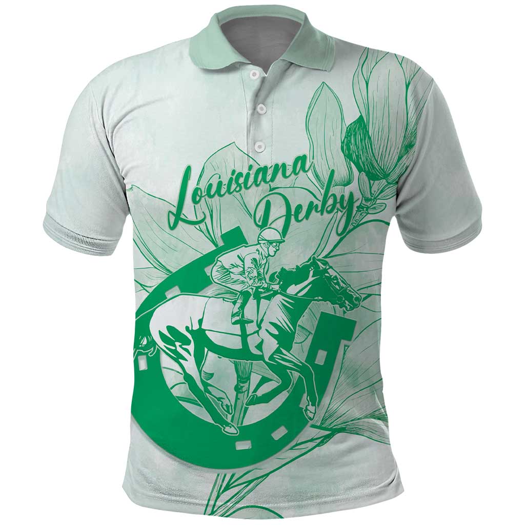 Personalized Louisiana Horse Racing Derby Polo Shirt Magnolia Blossom Horseshoe Pastel Green