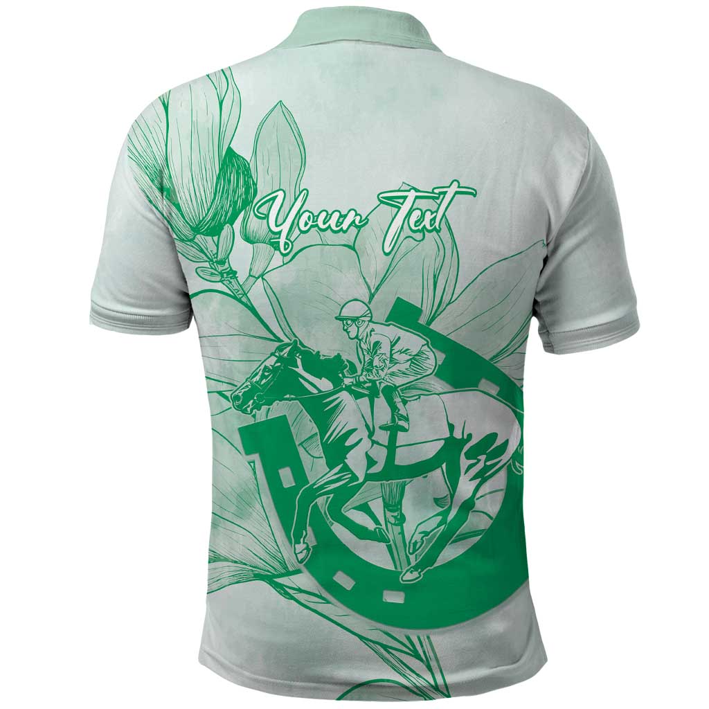Personalized Louisiana Horse Racing Derby Polo Shirt Magnolia Blossom Horseshoe Pastel Green