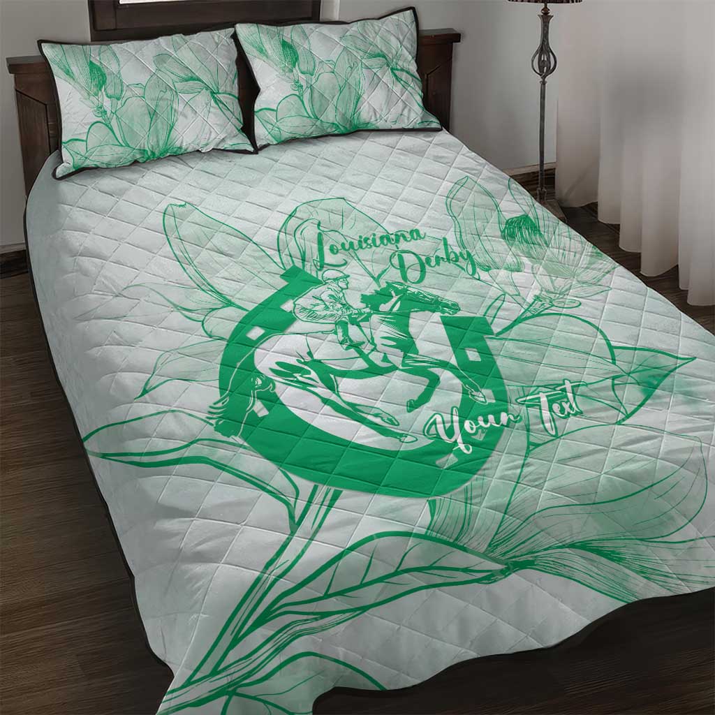 Personalized Louisiana Horse Racing Derby Quilt Bed Set Magnolia Blossom Horseshoe Pastel Green