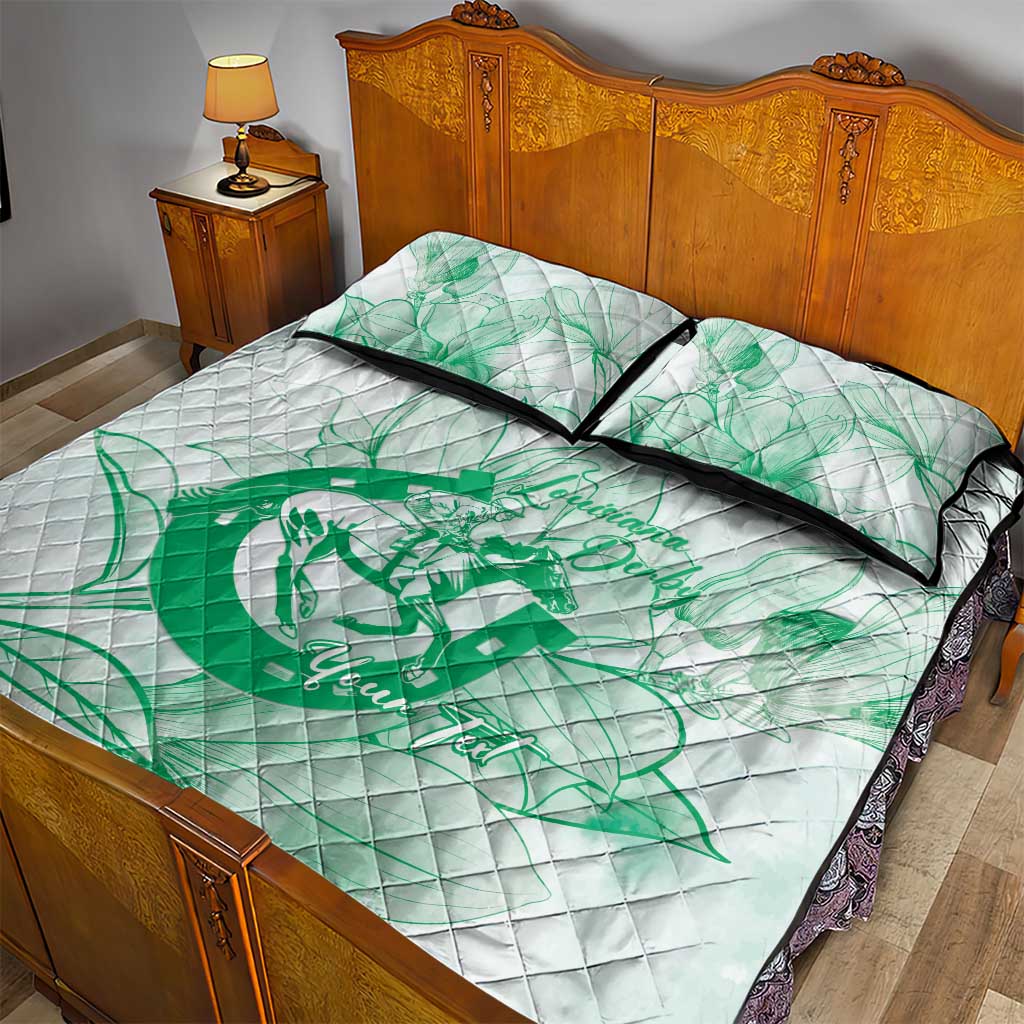 Personalized Louisiana Horse Racing Derby Quilt Bed Set Magnolia Blossom Horseshoe Pastel Green