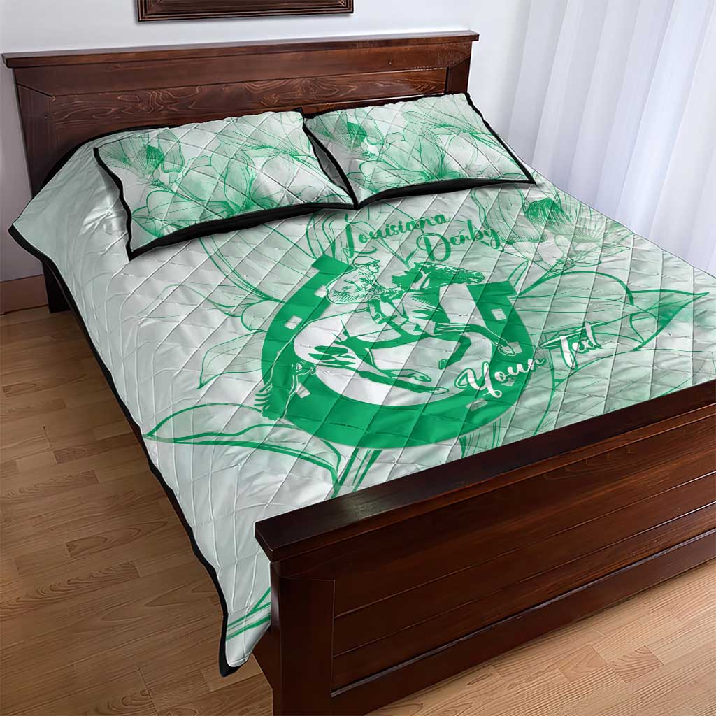 Personalized Louisiana Horse Racing Derby Quilt Bed Set Magnolia Blossom Horseshoe Pastel Green