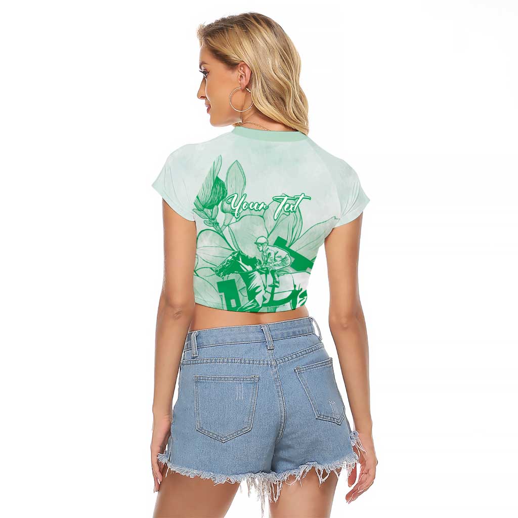 Personalized Louisiana Horse Racing Derby Raglan Cropped T Shirt Magnolia Blossom Horseshoe Pastel Green