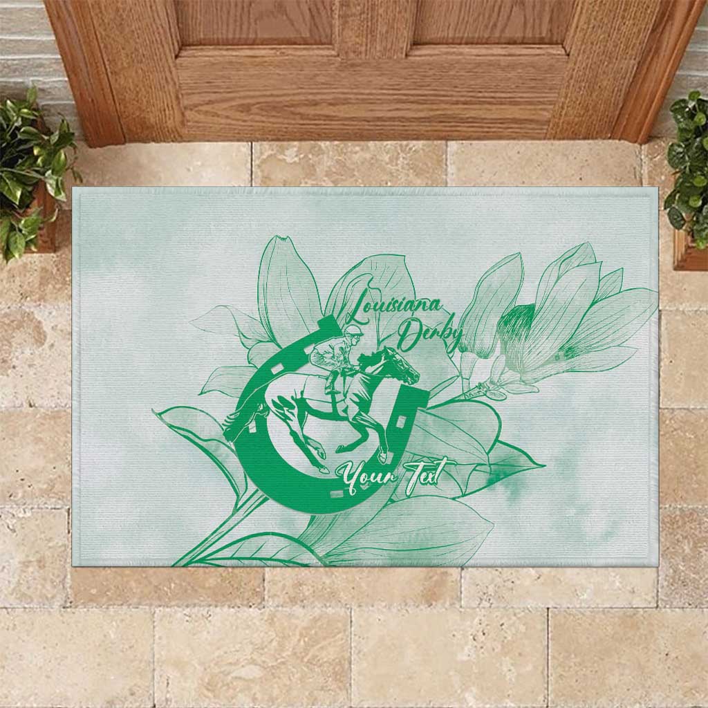 Personalized Louisiana Horse Racing Derby Rubber Doormat Magnolia Blossom Horseshoe Pastel Green