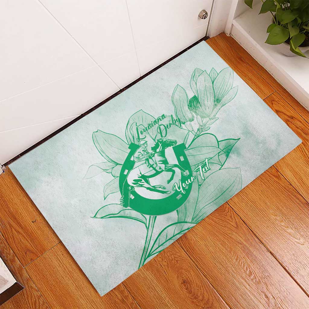 Personalized Louisiana Horse Racing Derby Rubber Doormat Magnolia Blossom Horseshoe Pastel Green