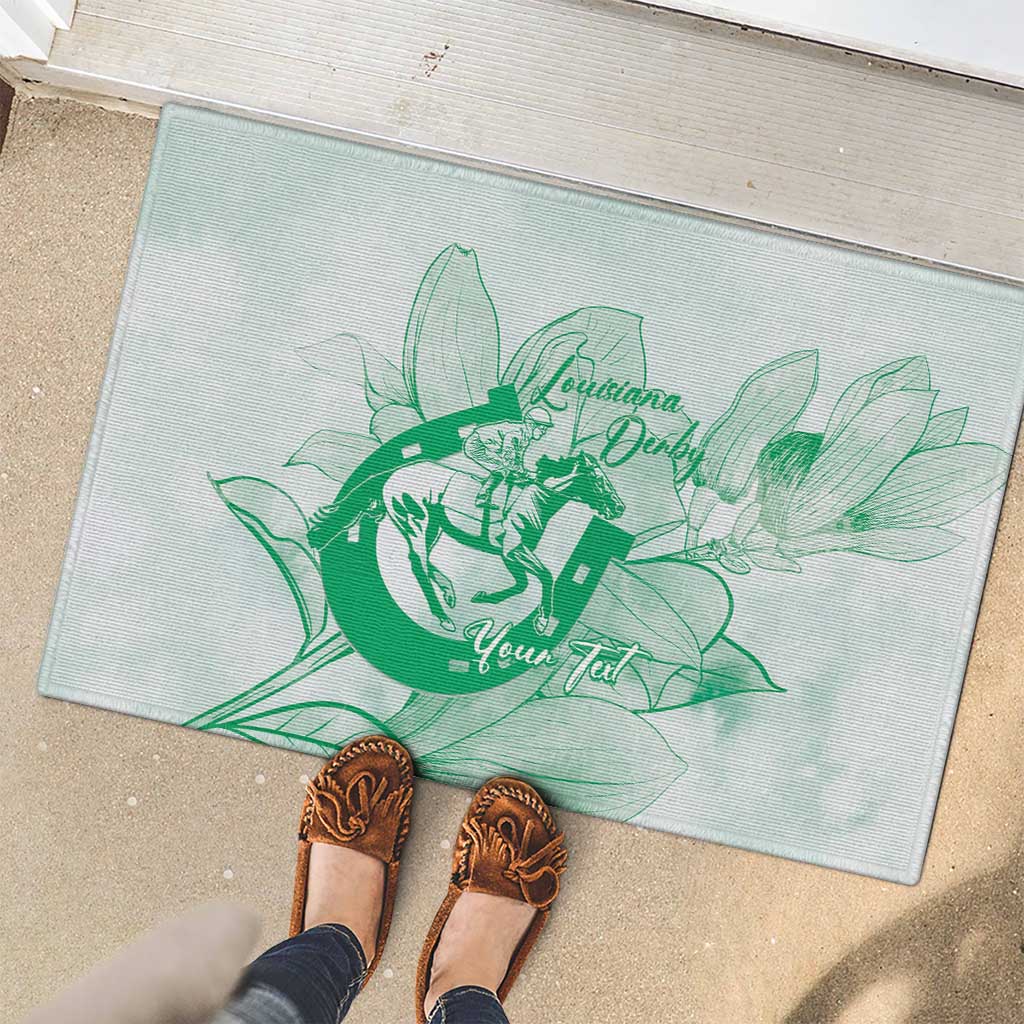 Personalized Louisiana Horse Racing Derby Rubber Doormat Magnolia Blossom Horseshoe Pastel Green