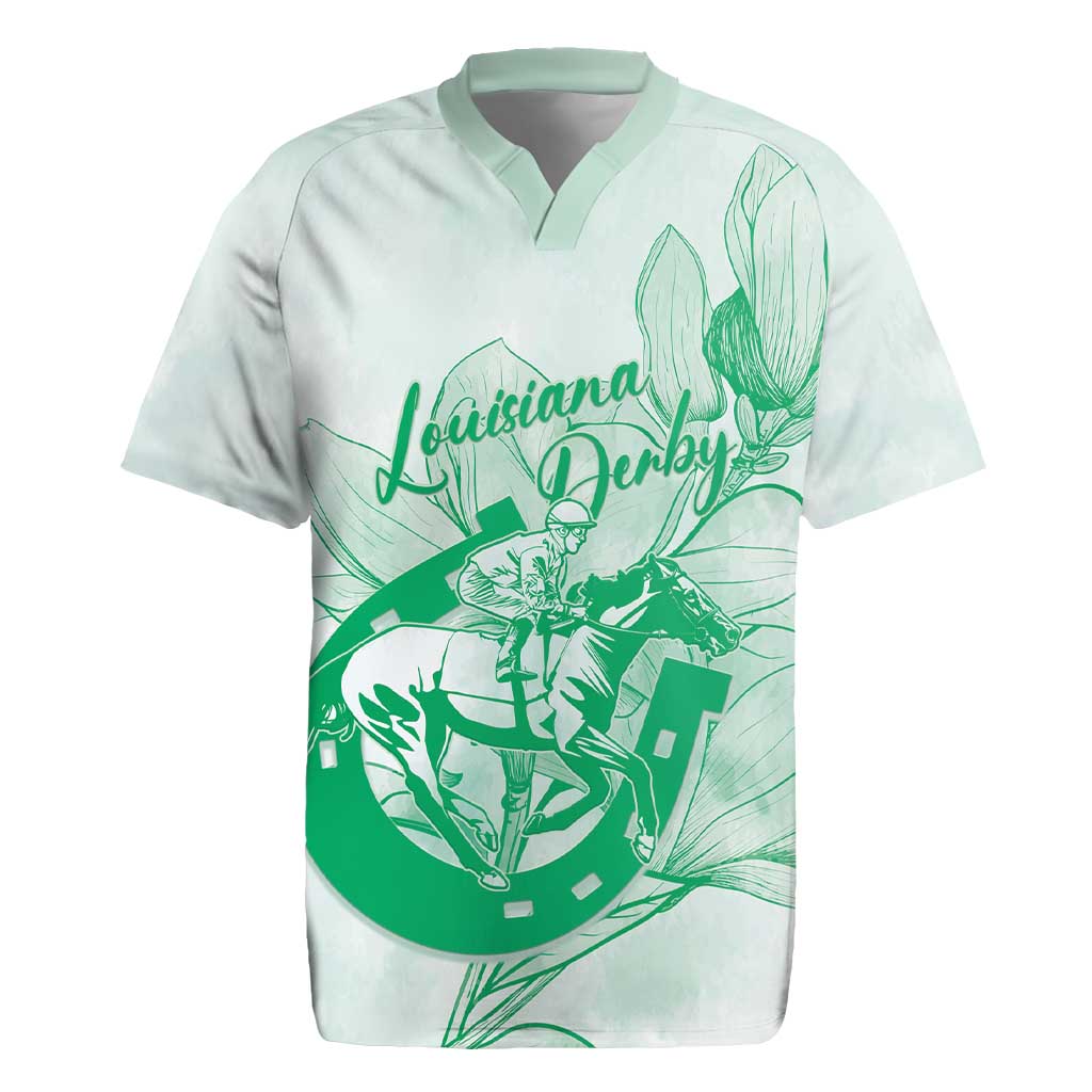 Personalized Louisiana Horse Racing Derby Rugby Jersey Magnolia Blossom Horseshoe Pastel Green