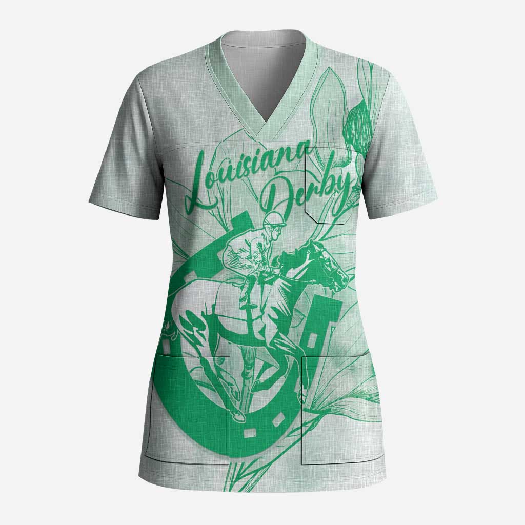Personalized Louisiana Horse Racing Derby Scrub Top Magnolia Blossom Horseshoe Pastel Green