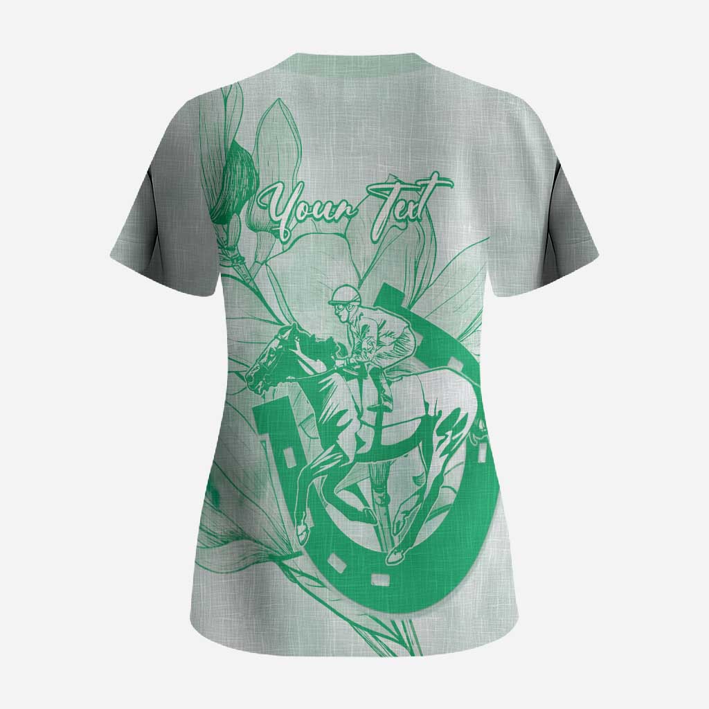 Personalized Louisiana Horse Racing Derby Scrub Top Magnolia Blossom Horseshoe Pastel Green