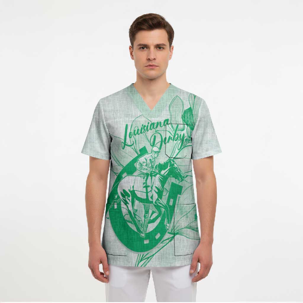 Personalized Louisiana Horse Racing Derby Scrub Top Magnolia Blossom Horseshoe Pastel Green