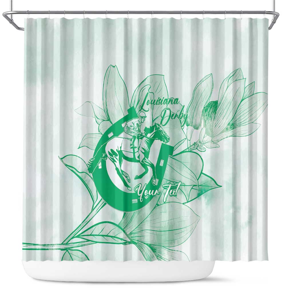 Personalized Louisiana Horse Racing Derby Shower Curtain Magnolia Blossom Horseshoe Pastel Green