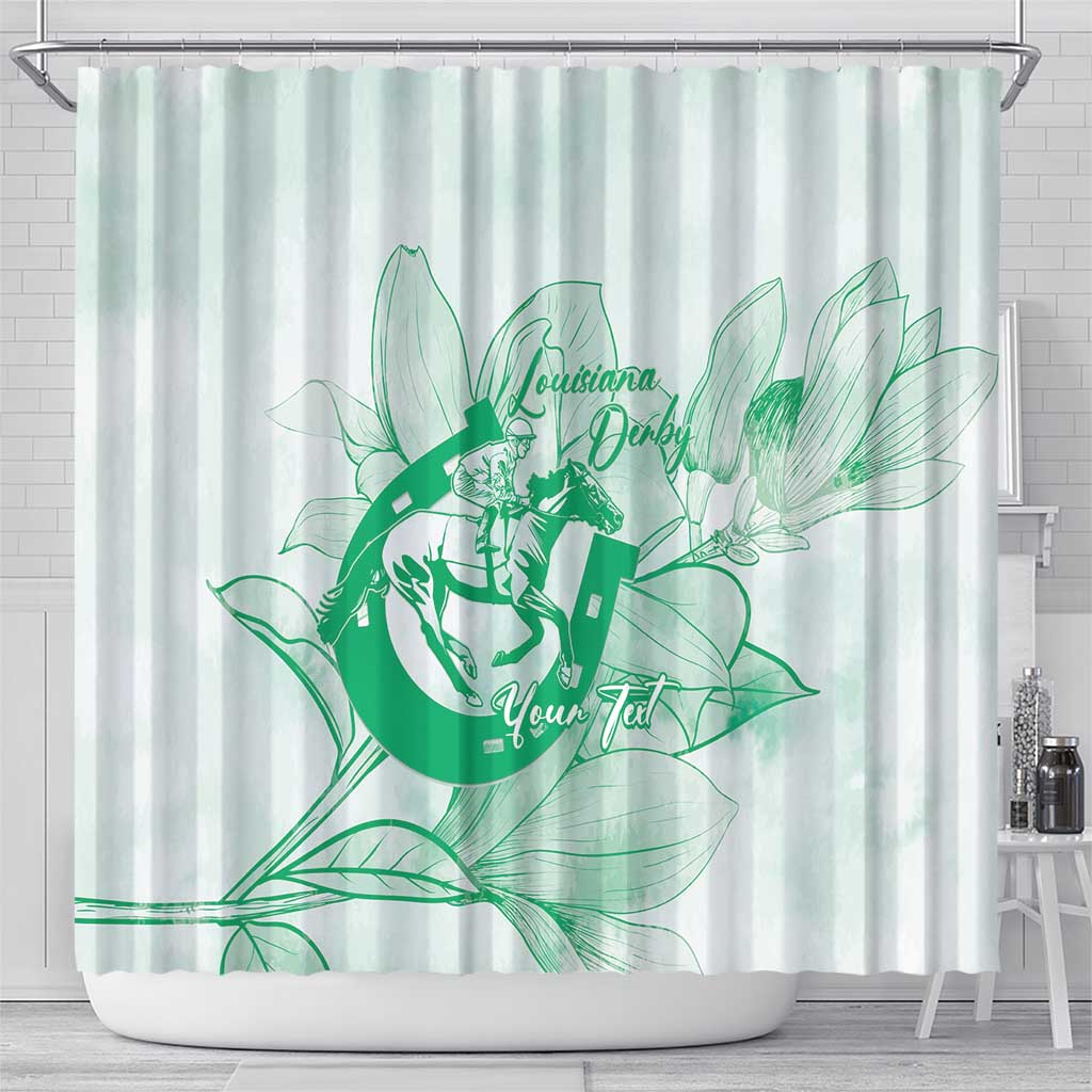 Personalized Louisiana Horse Racing Derby Shower Curtain Magnolia Blossom Horseshoe Pastel Green