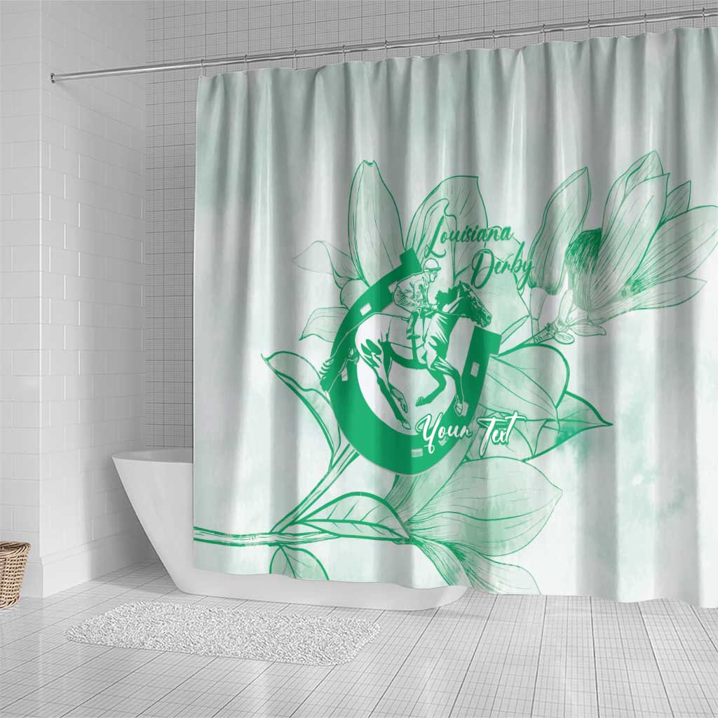 Personalized Louisiana Horse Racing Derby Shower Curtain Magnolia Blossom Horseshoe Pastel Green