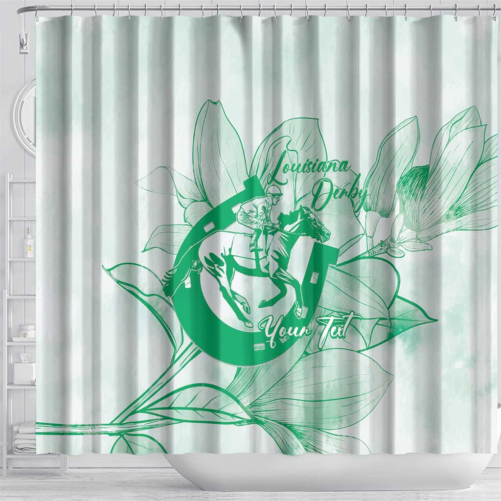 Personalized Louisiana Horse Racing Derby Shower Curtain Magnolia Blossom Horseshoe Pastel Green
